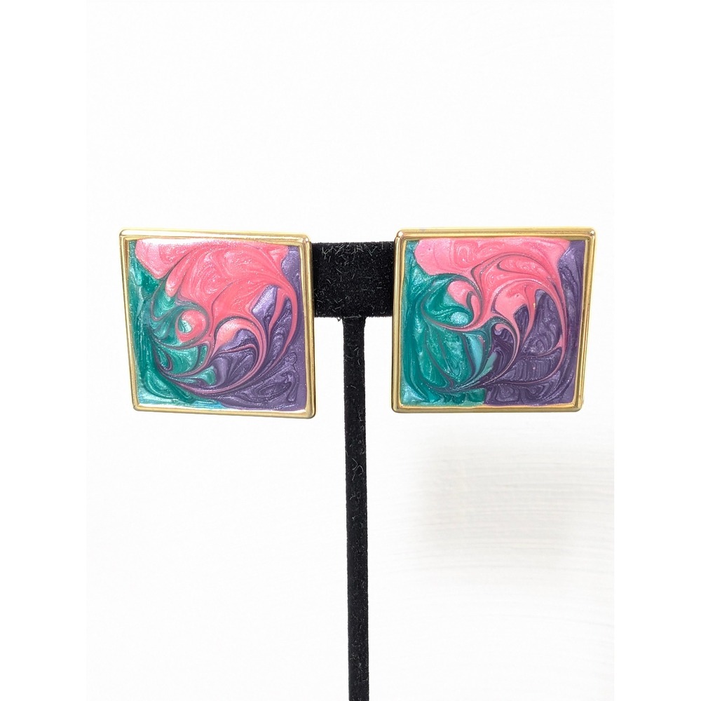 Vintage 80s Memphis Style Pink Teal Enamel Swirl Square Earrings Gold Tone